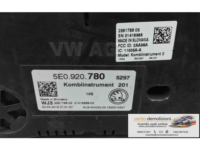 Přístrojová deska  Skoda Octavia Mk3 (5E) 2015 5E0920780, 5E0920780  