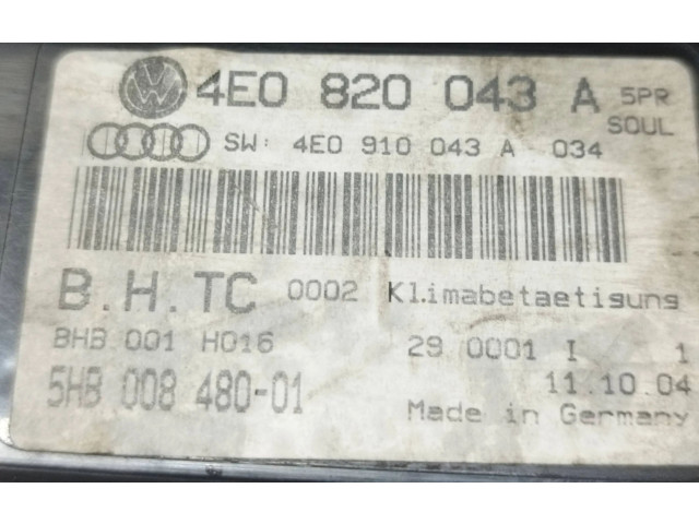 Блок управления климат-контролем 4E0820043A, 4E0910043A   Audi A8 S8 D3 4E
