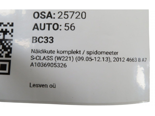 Přístrojová deska  Mercedes-Benz S W221 2012 A1036905326, A1036905326  