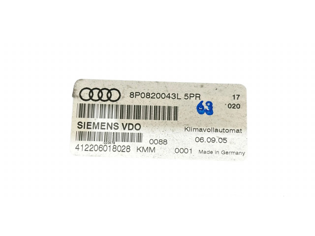 Блок управления климат-контролем 8P0820043L, 412206018028   Audi A3 S3 8P