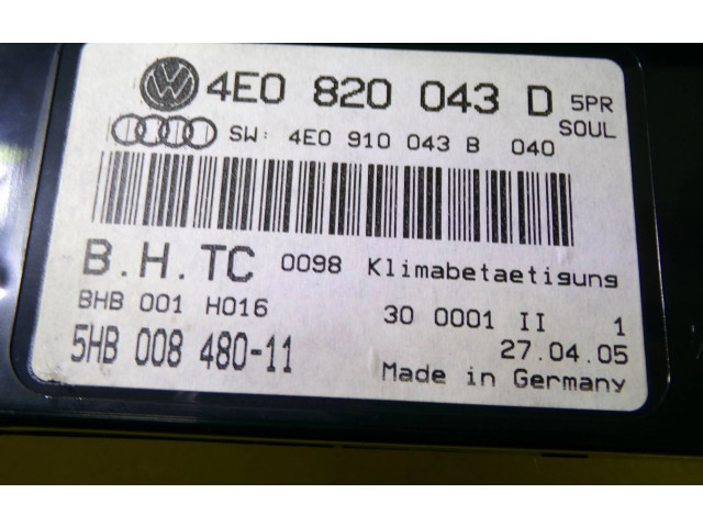Блок управления климат-контролем 4E0820043D, 5HB00848011   Audi A8 S8 D3 4E