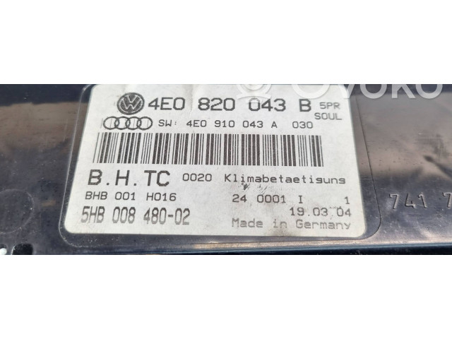 Блок управления климат-контролем 4E0820043B, 5HB00848002   Audi A8 S8 D3 4E