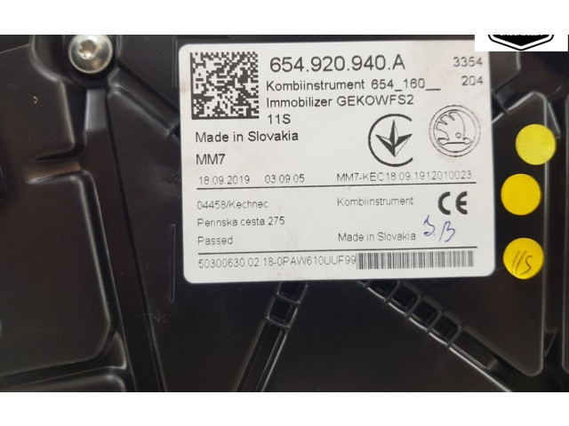 Přístrojová deska  Skoda Kamiq 2020 654920940A, 654920940A  