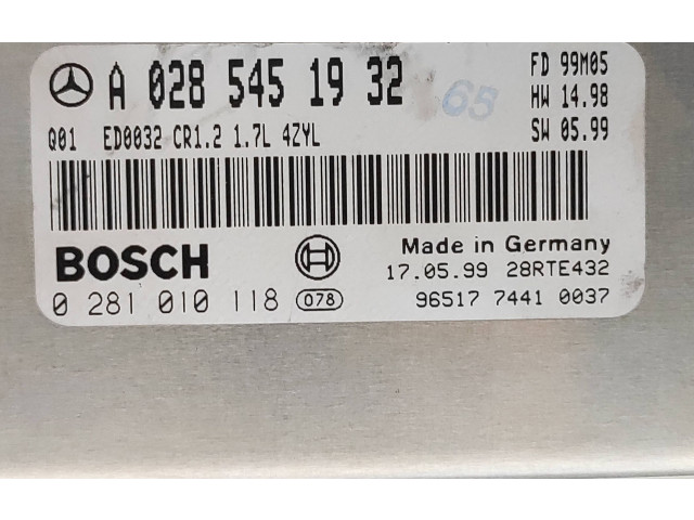 Řídící jednotka A0285451932, 0281010118   Mercedes-Benz A W168 1999