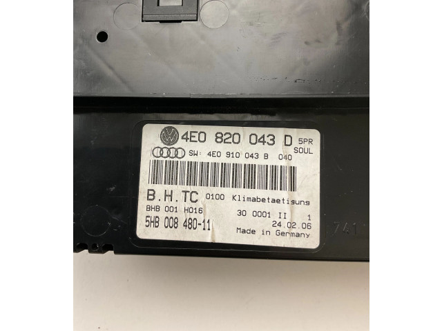 Блок управления климат-контролем 4E0820043D, 5HB00848011   Audi A8 S8 D3 4E
