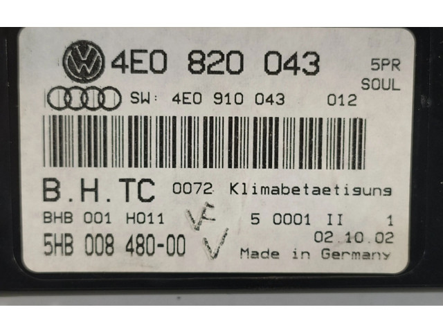 Блок управления климат-контролем 4E0820043, 4E0910043   Audi A8 S8 D2 4D