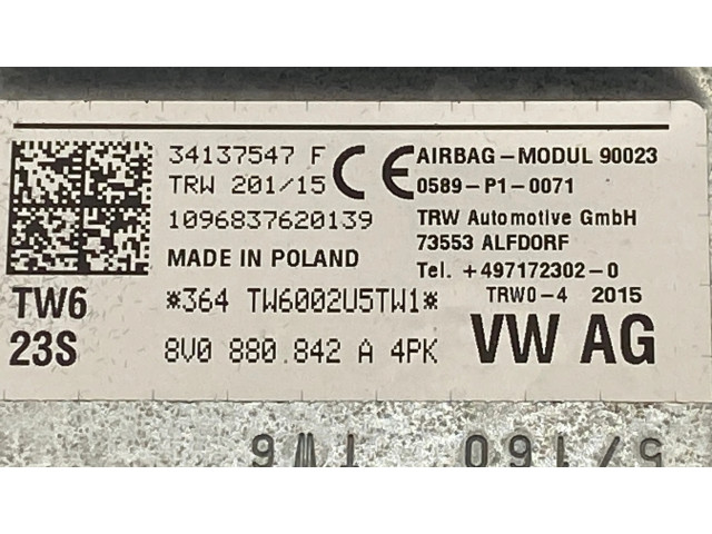 Подушка безопасности для колен 8V0880842A, 34137547   Audi A3 S3 8V