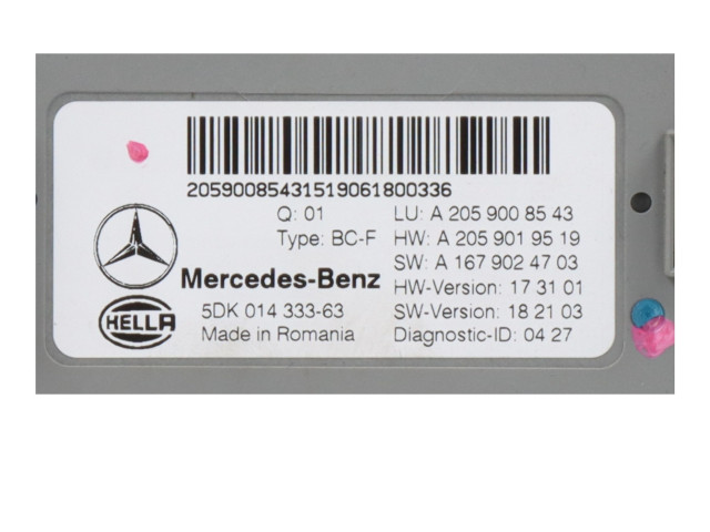   Pojistková skříňka A2059008543   Mercedes-Benz C W205 2019
