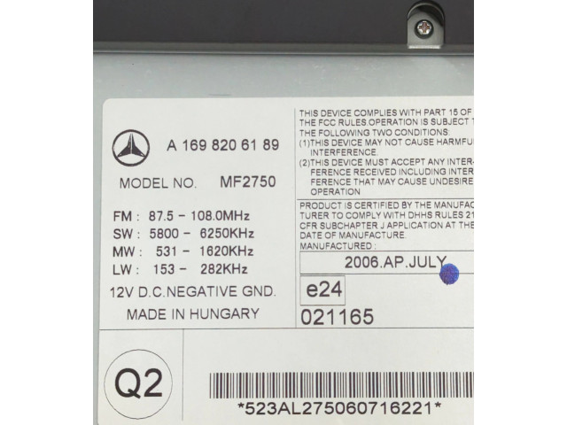 Pojistková skříňka Радио/ проигрыватель  / навигация A1698206189, MF2750   Mercedes-Benz B W245 2009